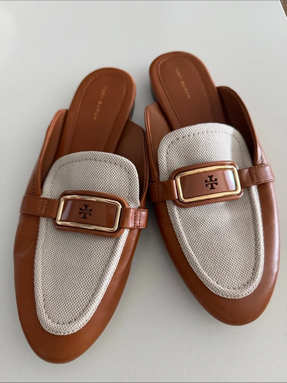 Tory Burch Brown Leather & Cream Canvas Buckle Mules